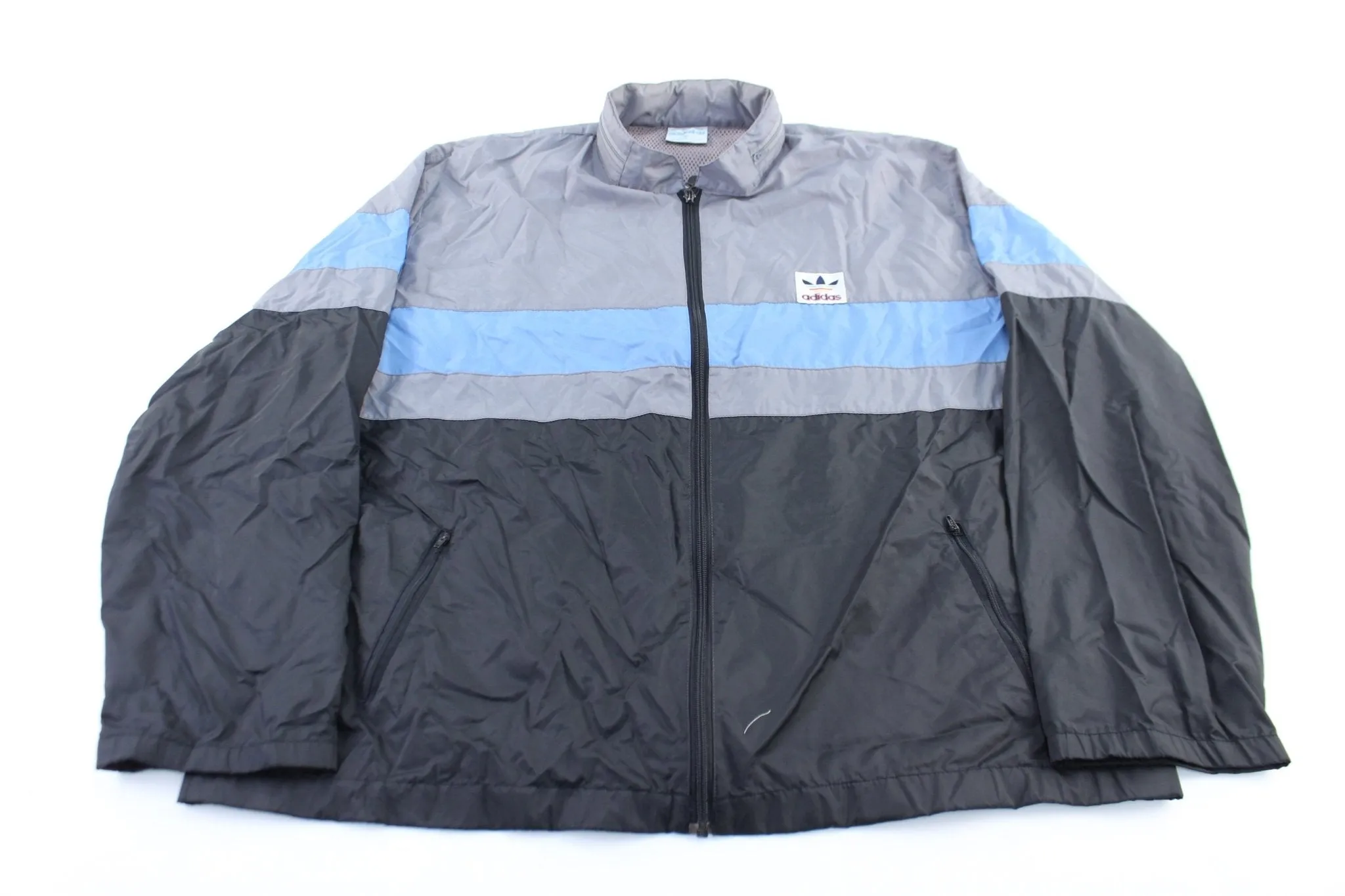 80's Adidas Logo Black, Blue, & Grey Zip Up Jacket