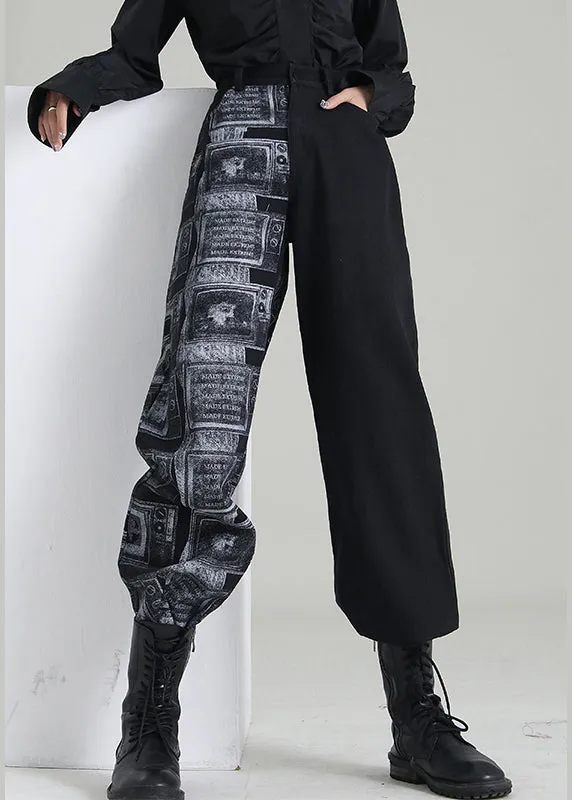 Art Black Zip Up Patchwork denim Pants Spring