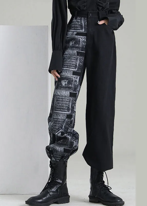 Art Black Zip Up Patchwork denim Pants Spring