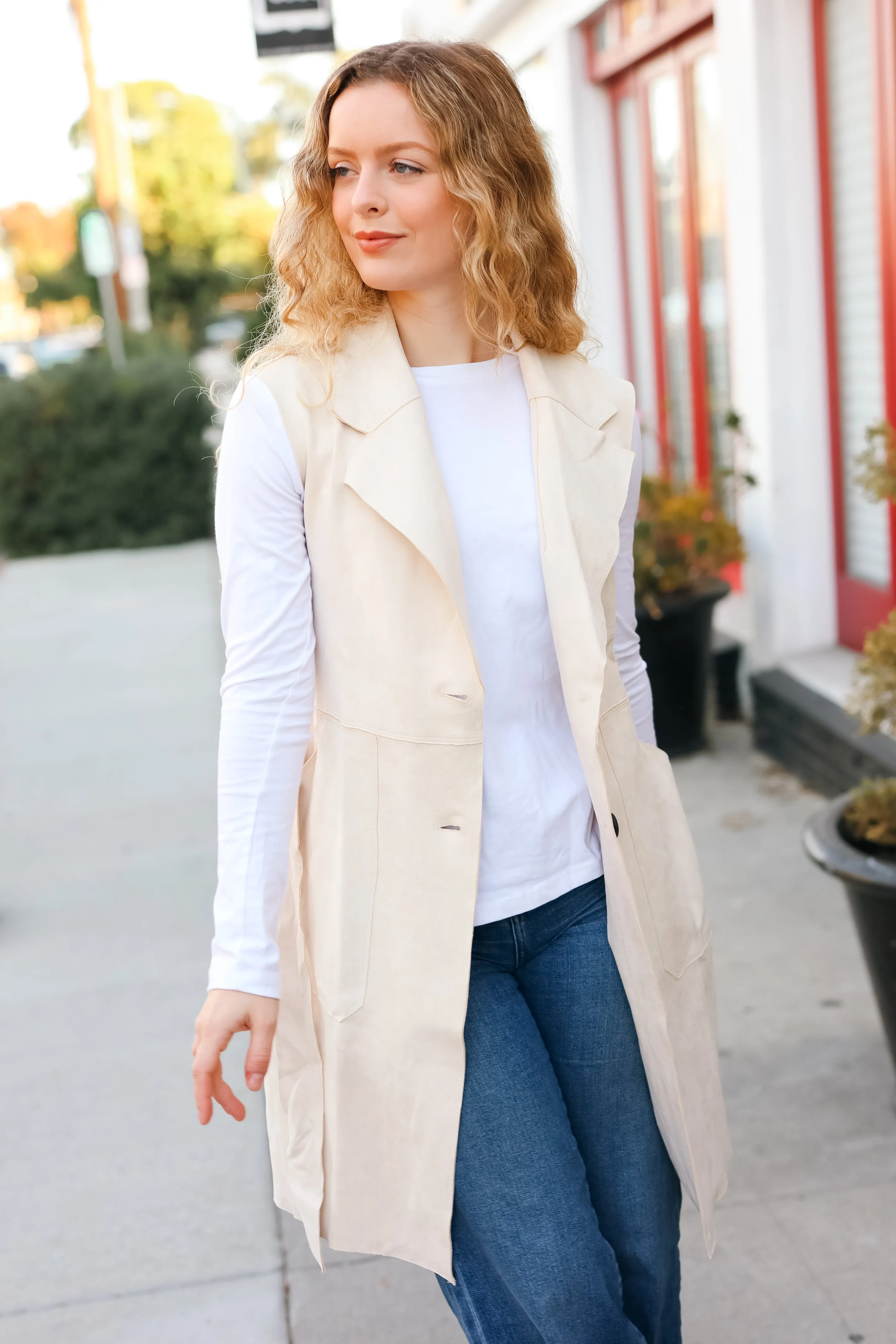 Back In Town Cream Faux Suede Trench Coat Vest