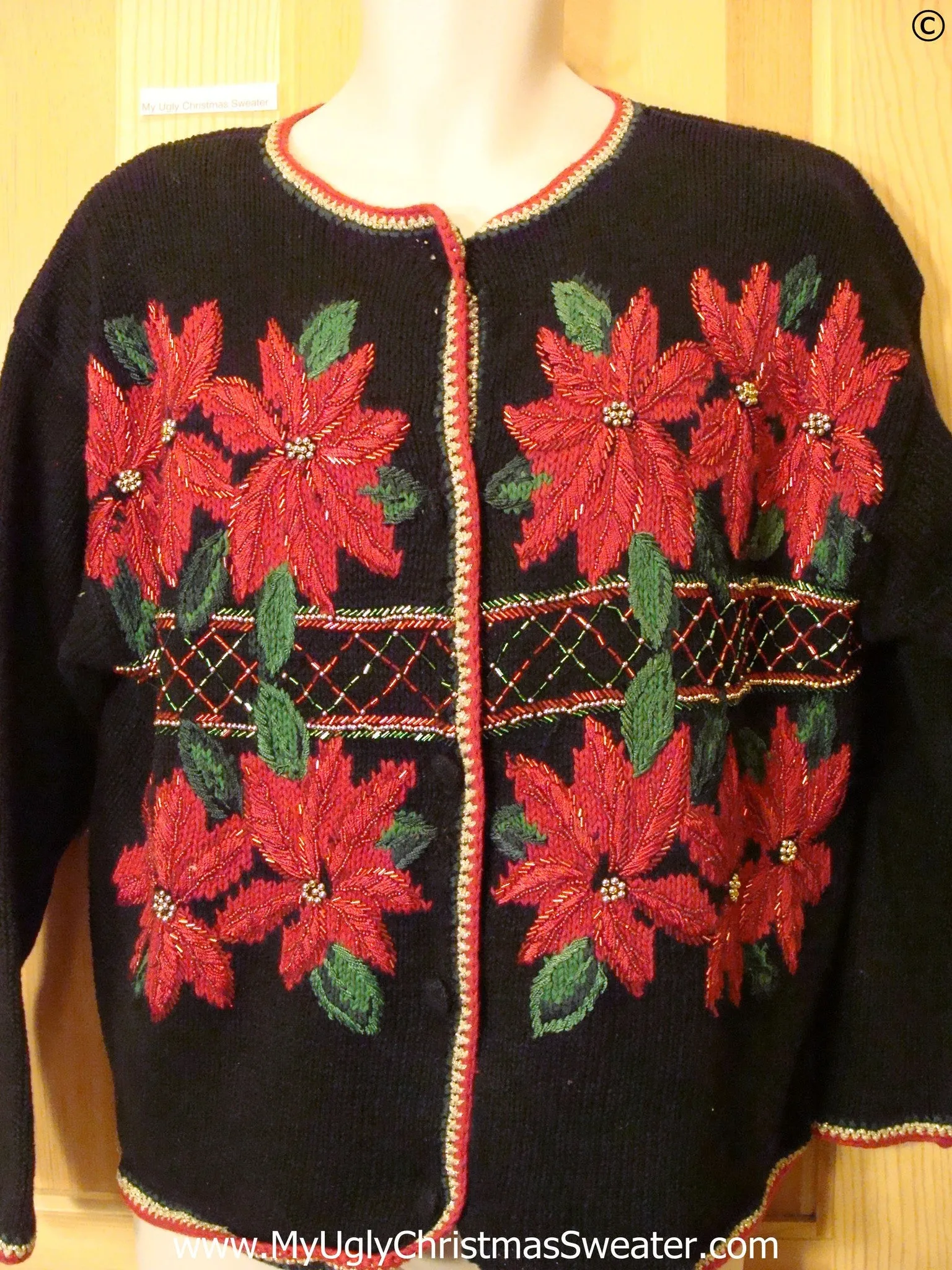 Best Christmas Sweater with Huge Poinsettias 80s Cardigan