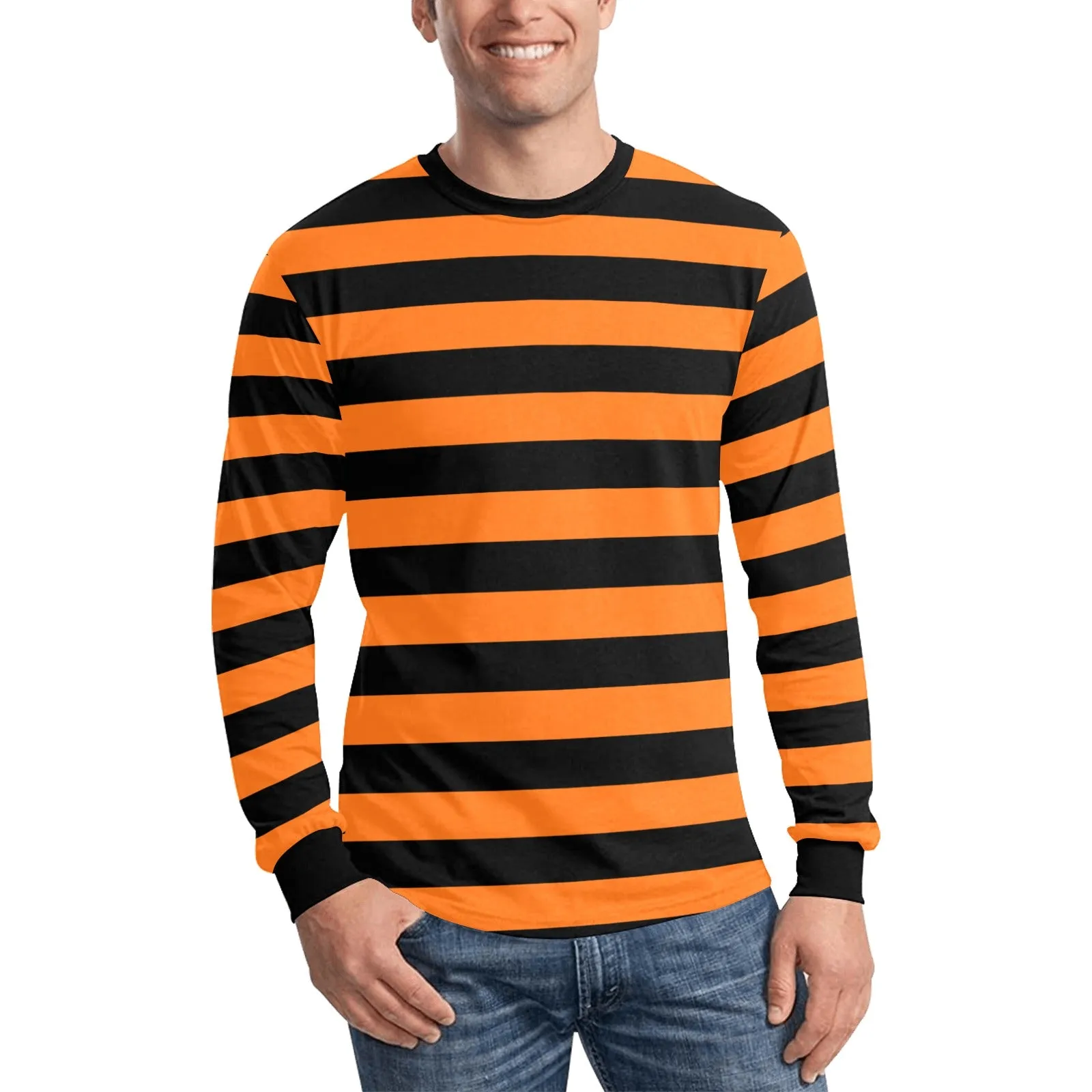 Black and Orange Striped Men Long Sleeve TShirt, Graphic Vintage Retro Stripes Punk Halloween Crewneck Unisex Women Designer Tee Shirt