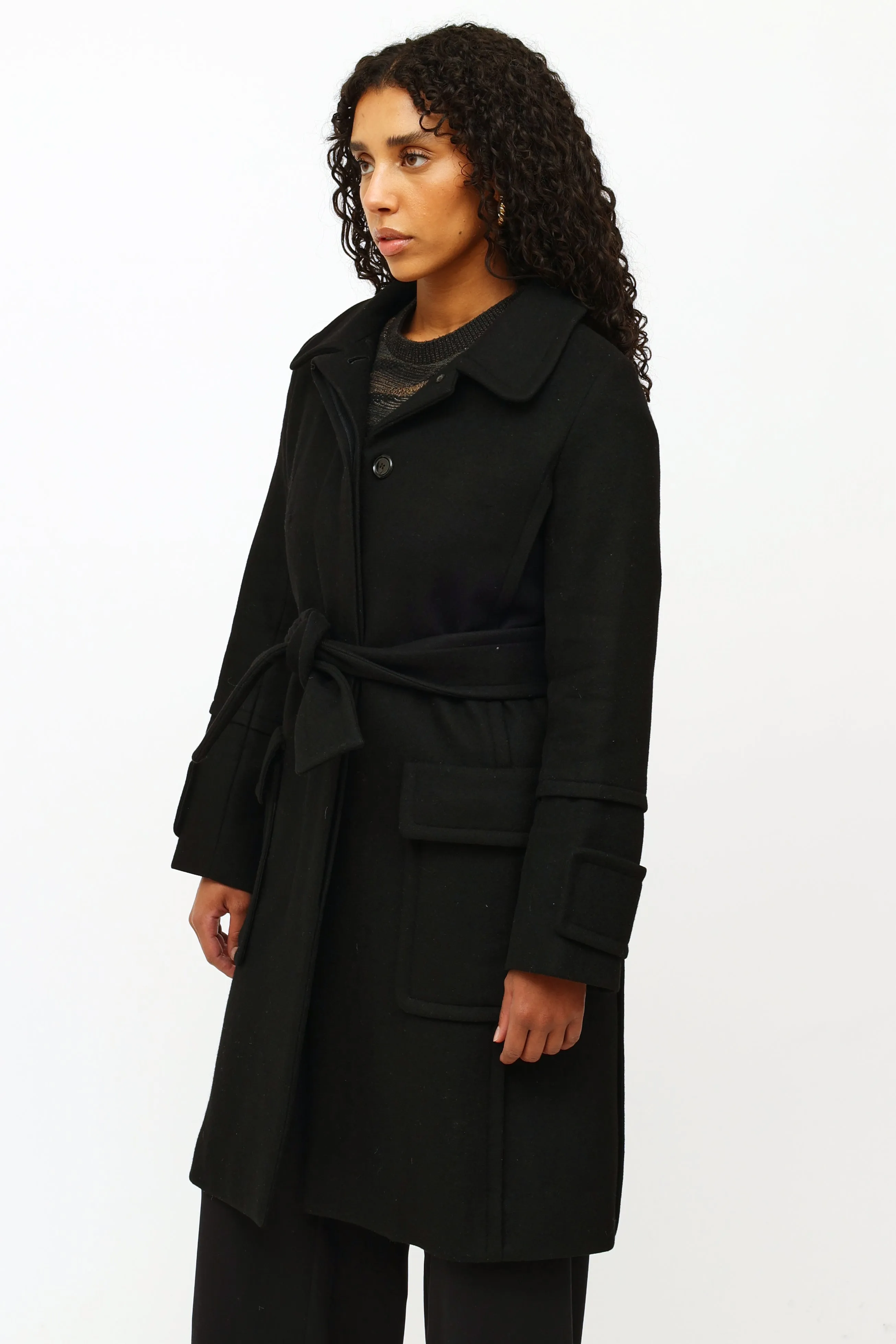 Black Cashmere Belted Coat