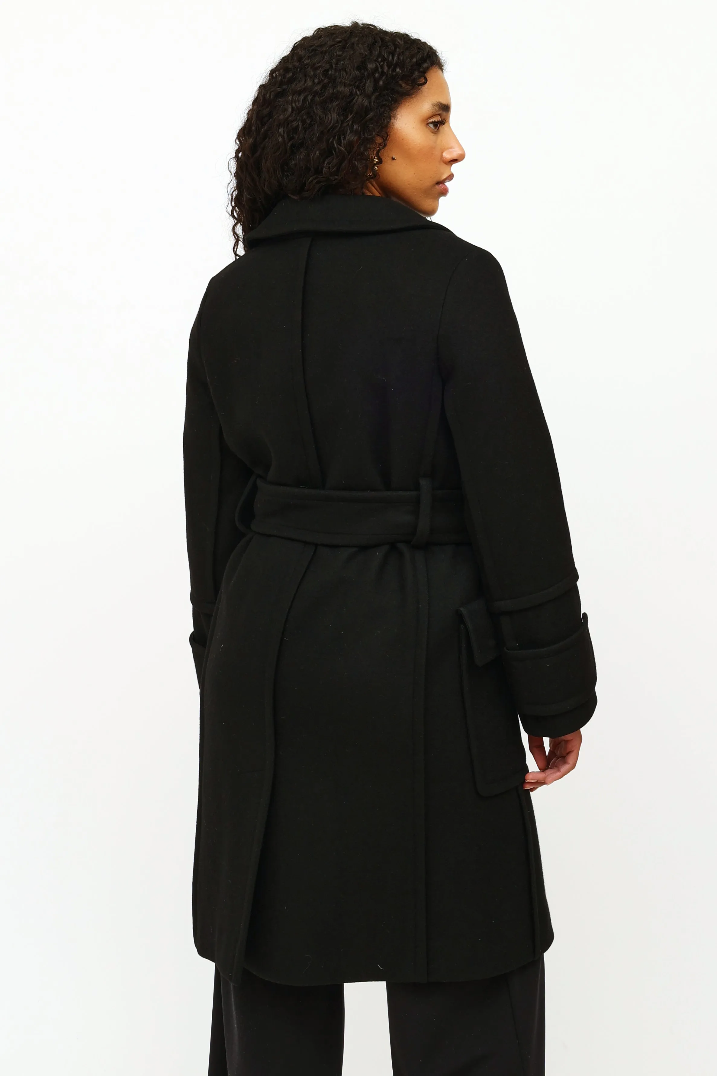 Black Cashmere Belted Coat