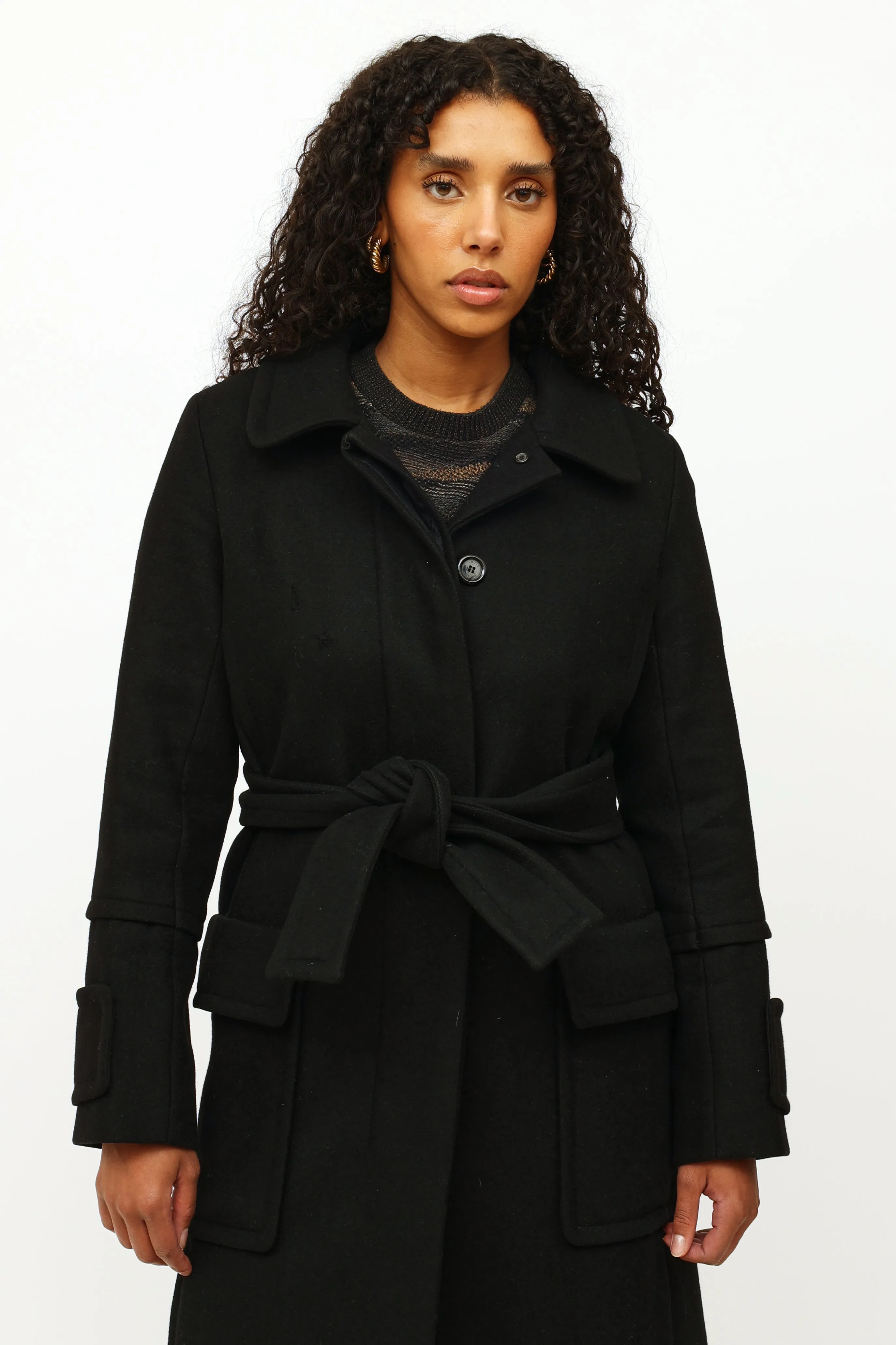 Black Cashmere Belted Coat