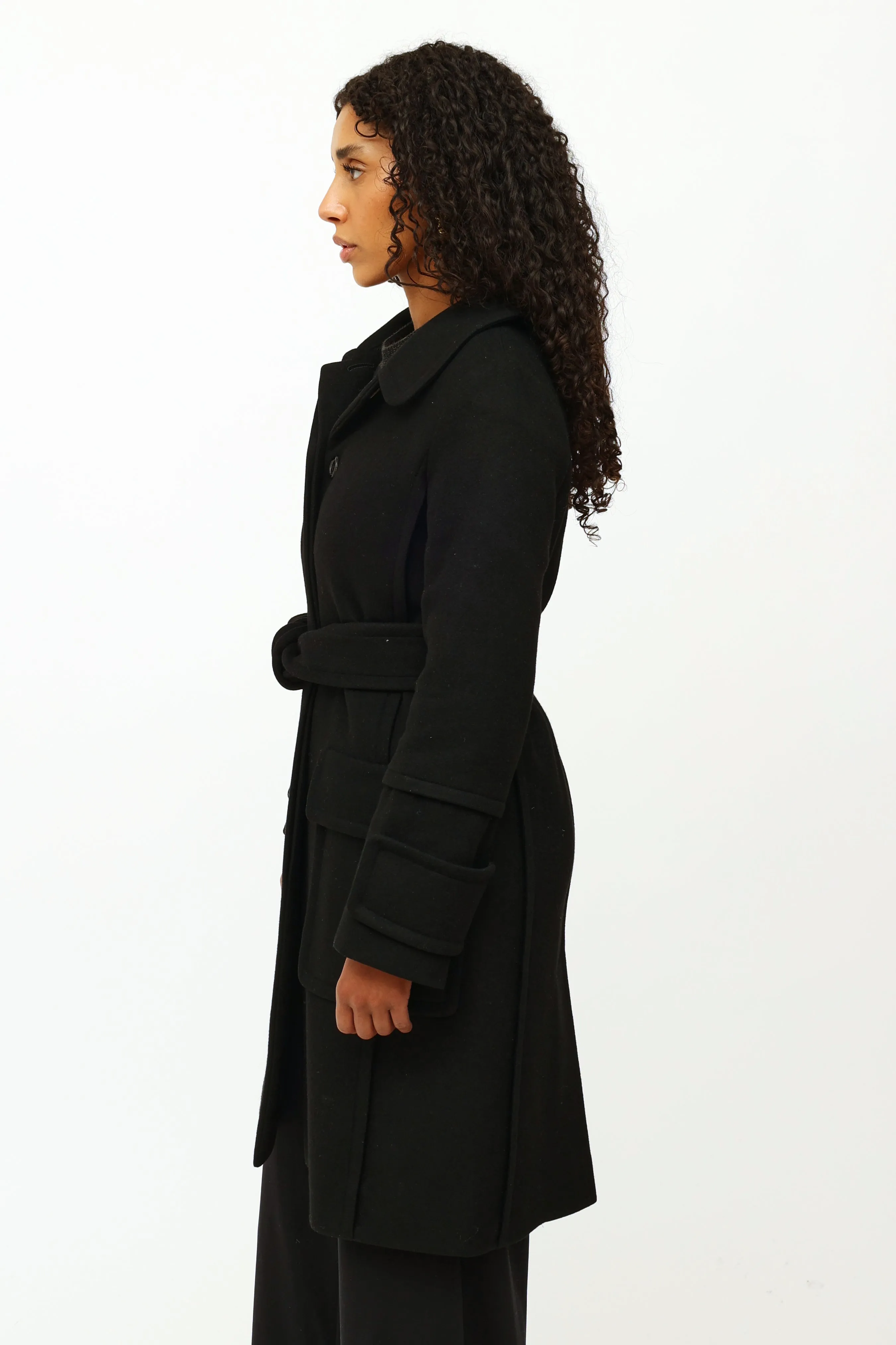 Black Cashmere Belted Coat