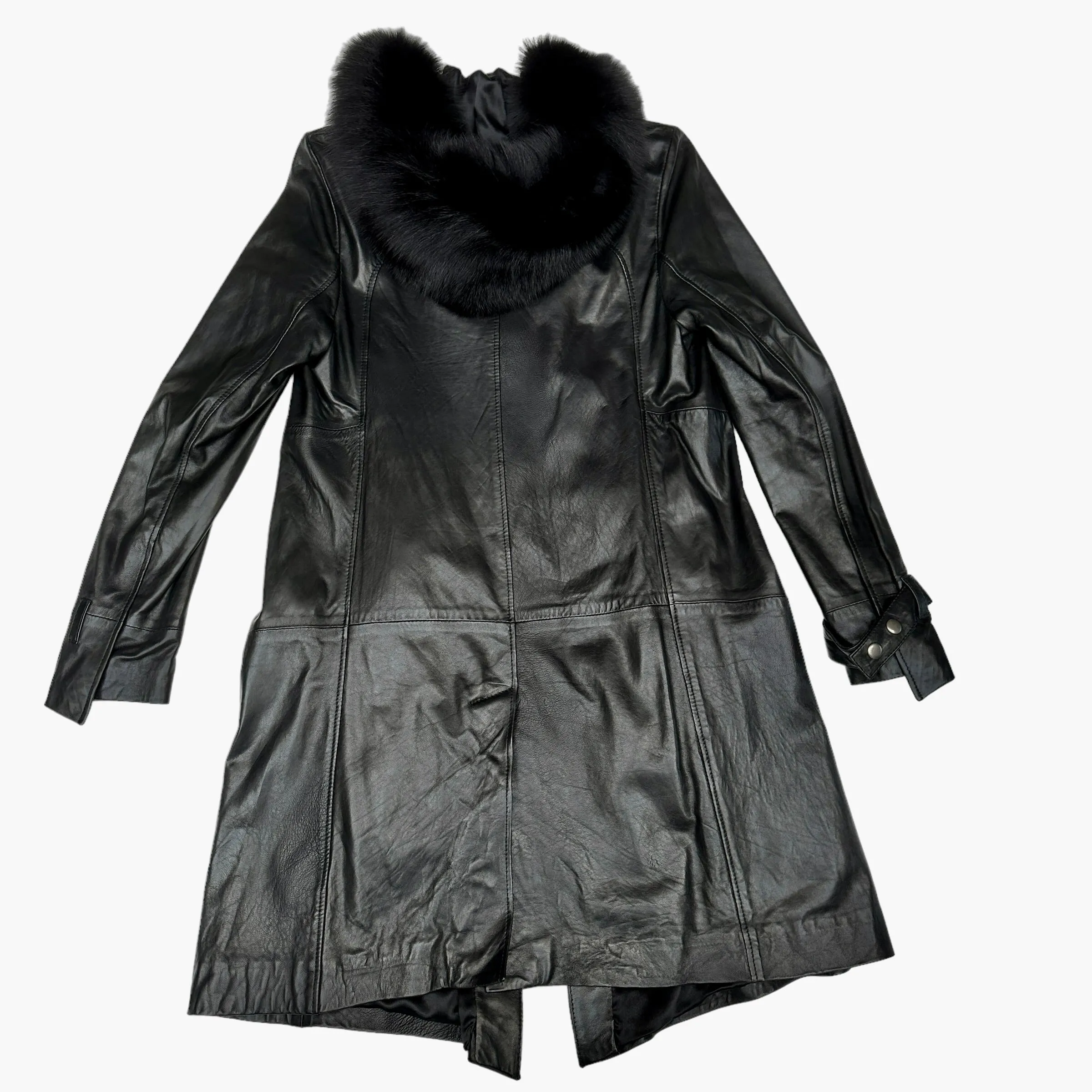 Black Leather Coat w/Fur Hoodie - S