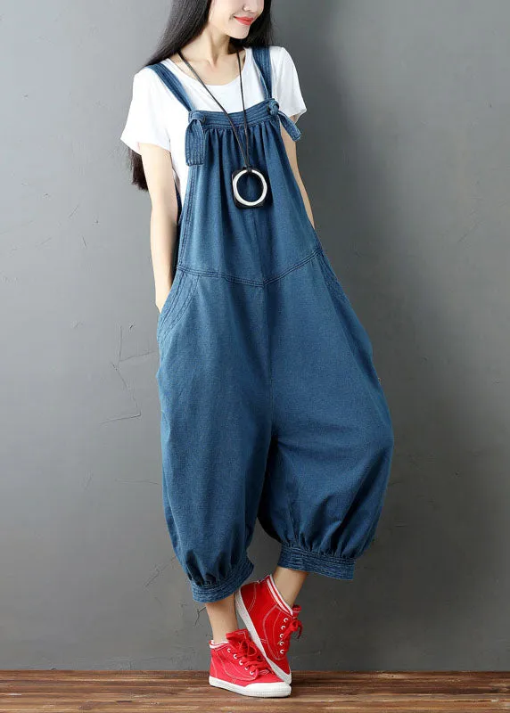 Blue Patchwork Denim Jumpsuits Pants Pockets Wrinkled Summer