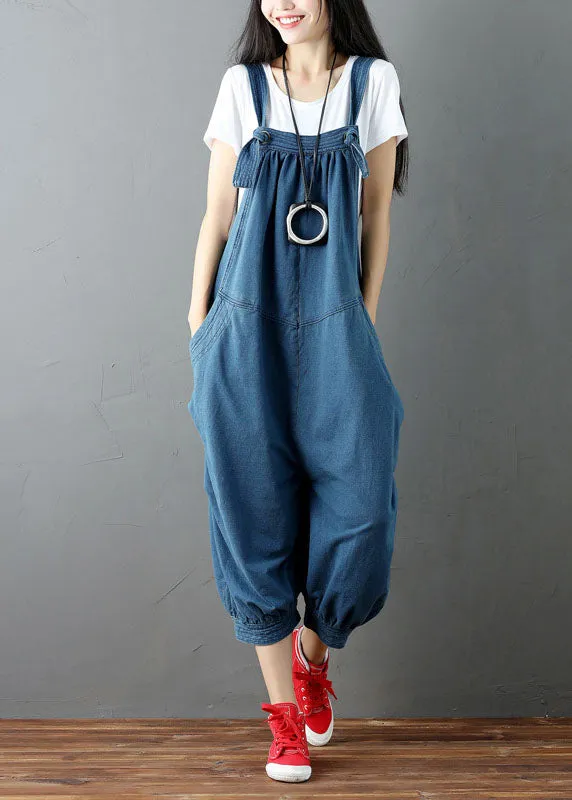 Blue Patchwork Denim Jumpsuits Pants Pockets Wrinkled Summer