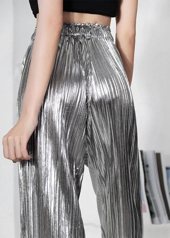 Bohemian Silver Casual Wrinkled Summer Wide Leg Pants