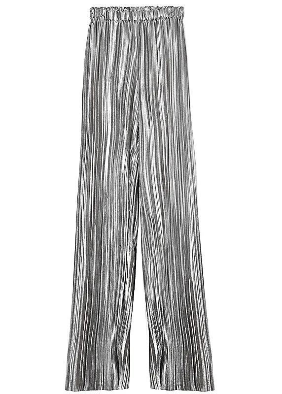 Bohemian Silver Casual Wrinkled Summer Wide Leg Pants