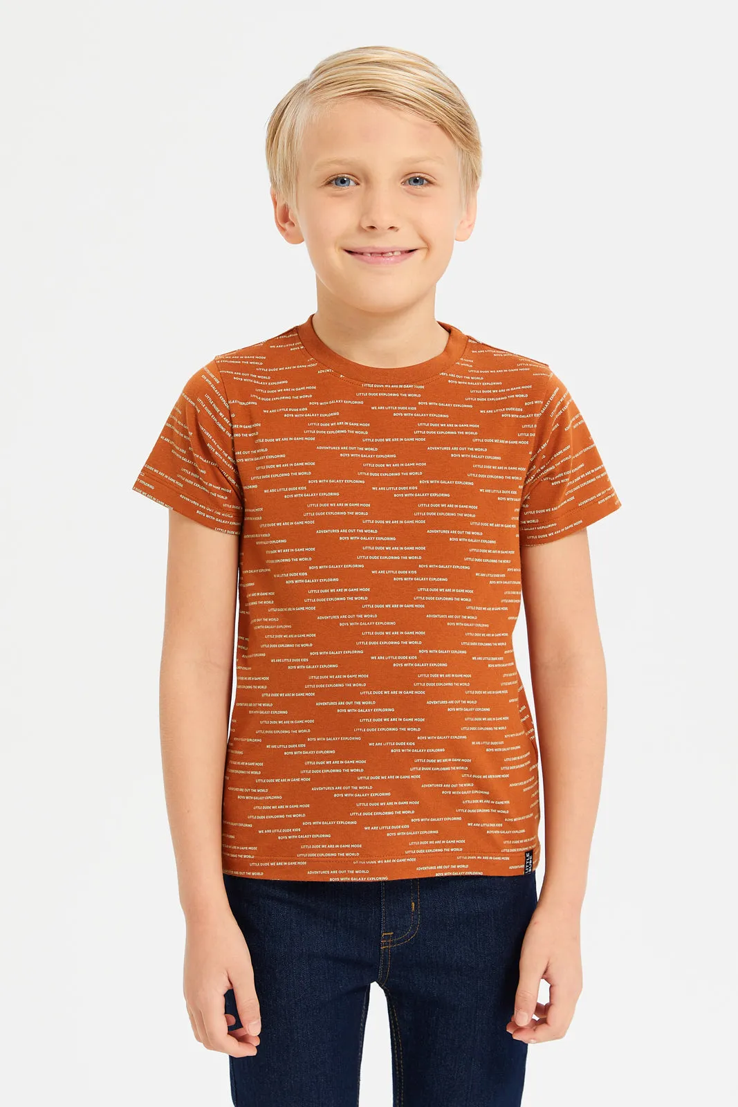 Boys Orange Round Neck Printed T-Shirt