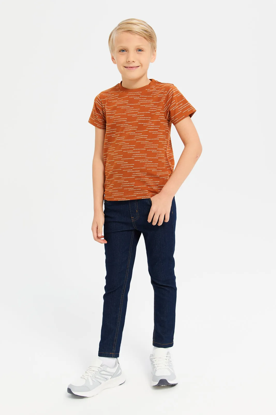 Boys Orange Round Neck Printed T-Shirt