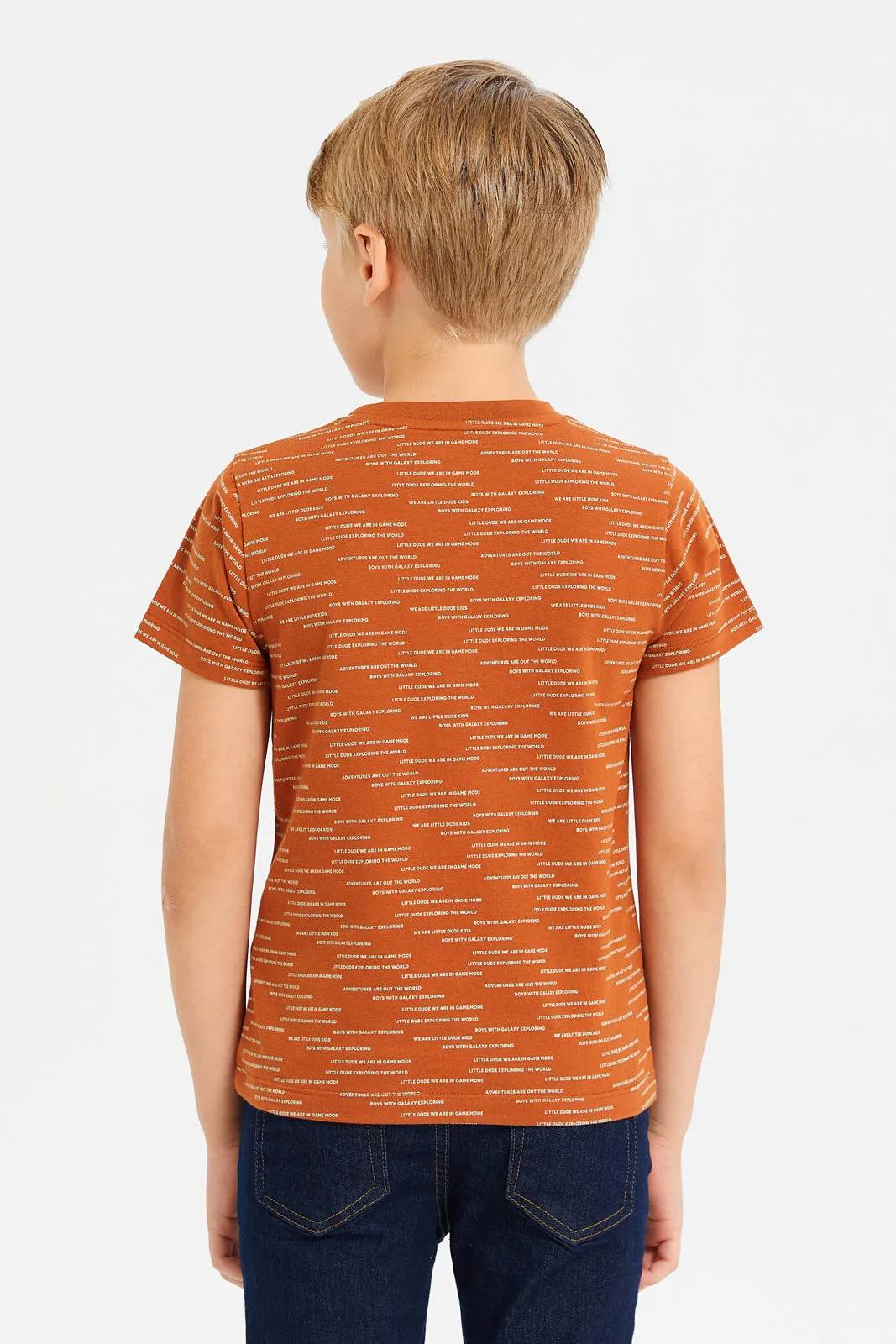 Boys Orange Round Neck Printed T-Shirt