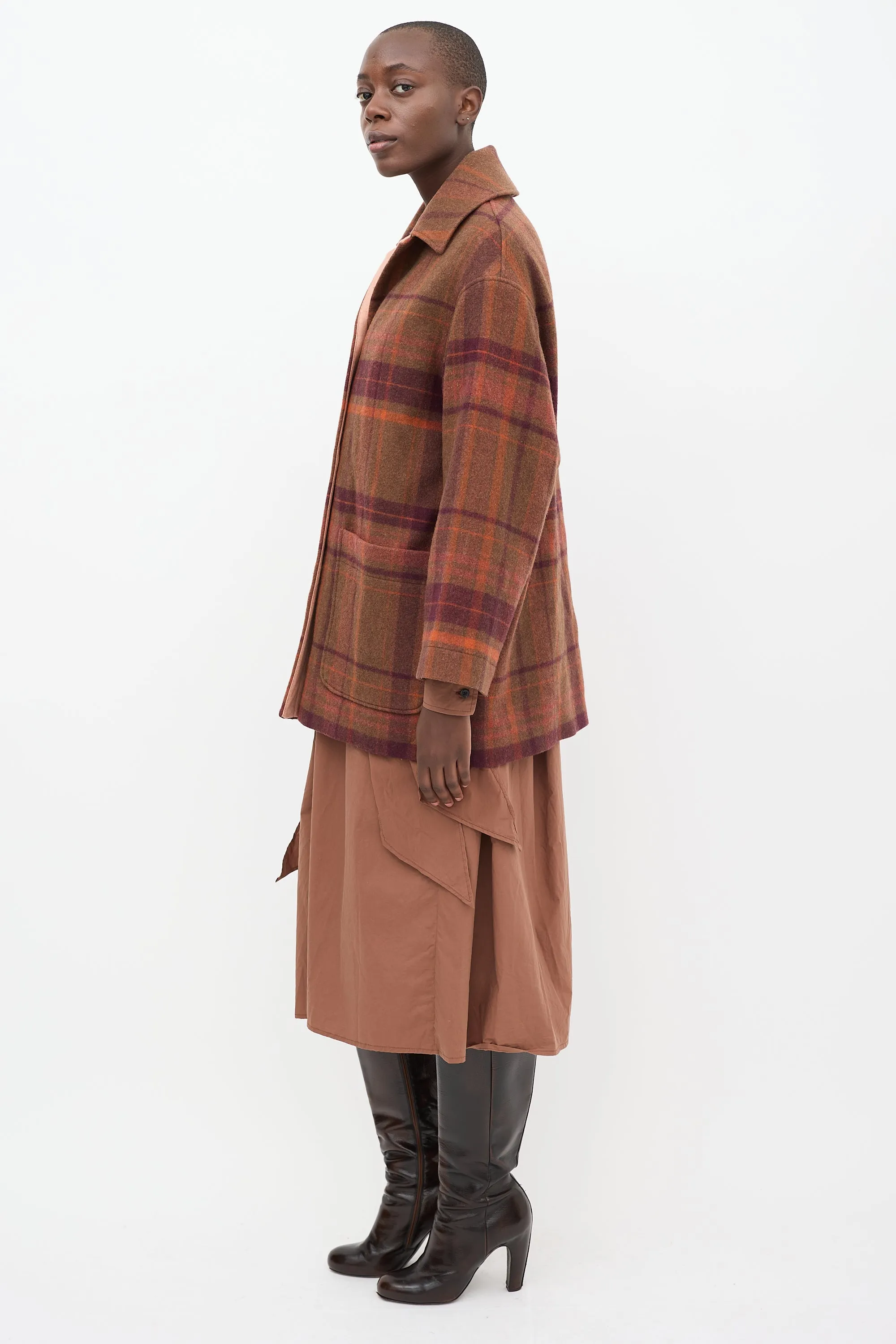 Brown & Multi Wool Plaid Coat