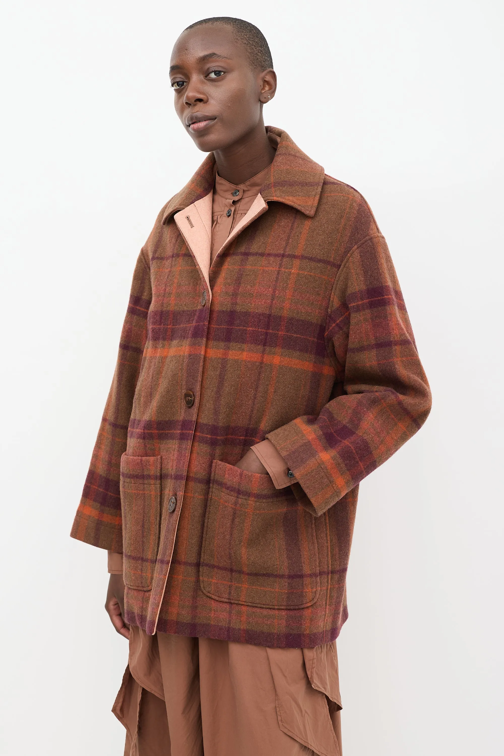 Brown & Multi Wool Plaid Coat