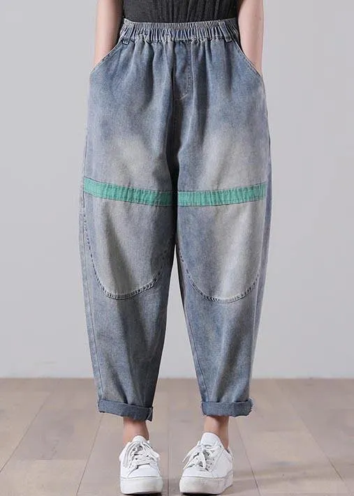 Casual Blue Elastic Waist Harem Summer Cotton Pants