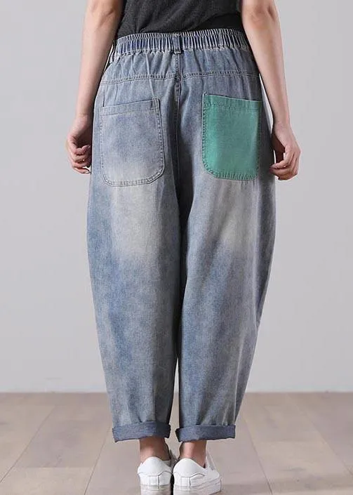 Casual Blue Elastic Waist Harem Summer Cotton Pants