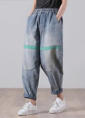 Casual Blue Elastic Waist Harem Summer Cotton Pants