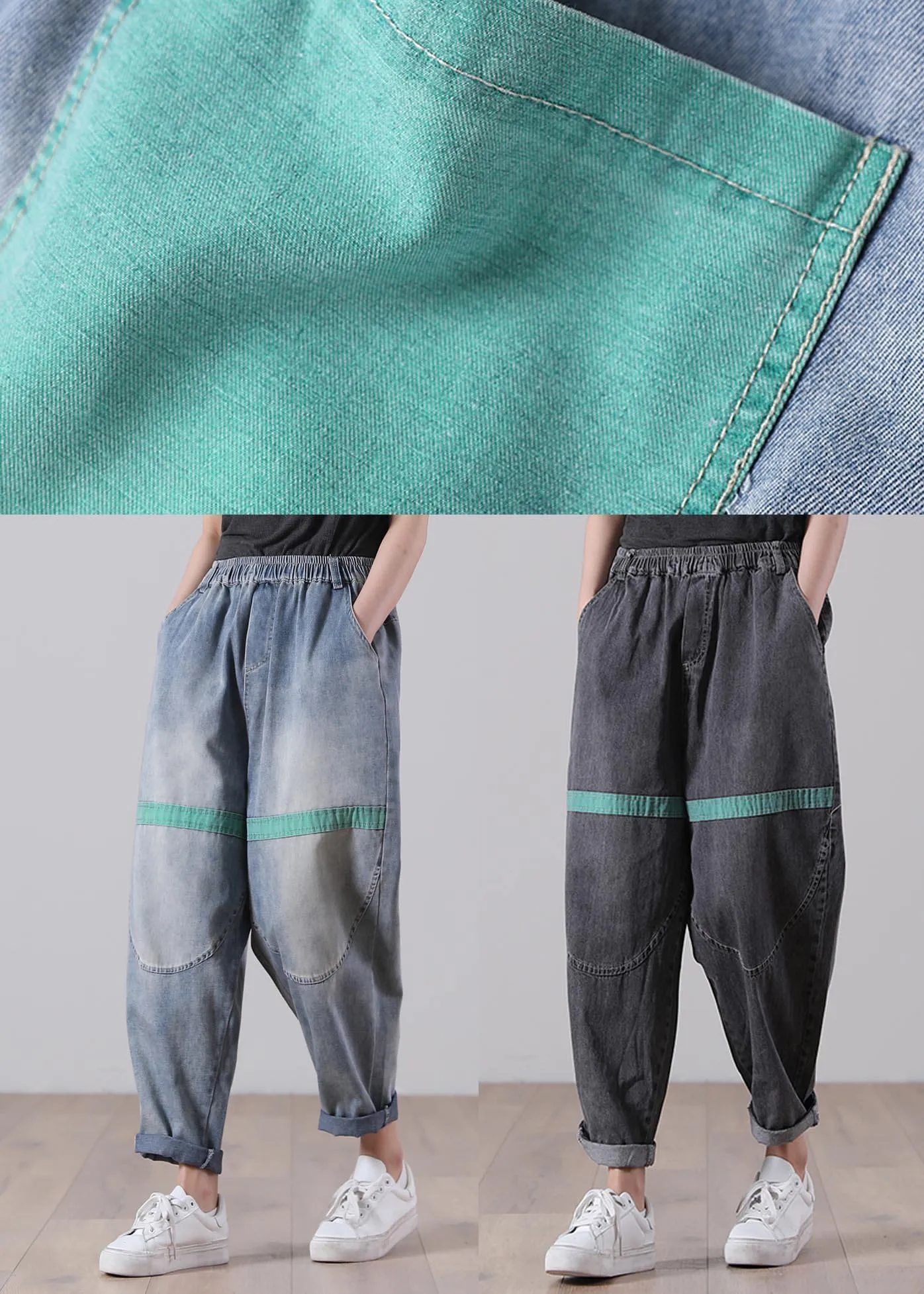 Casual Blue Elastic Waist Harem Summer Cotton Pants