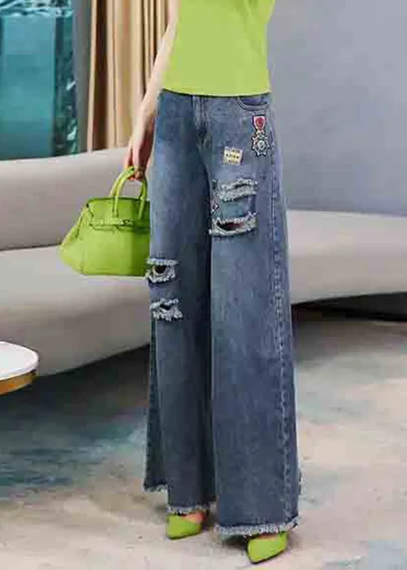 Casual Denim Navy Embroideried Elastic Waist Long Wide Leg Pants LY5263