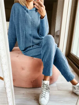 Casual Simple Loose Hooded Top Pants Knitted Suit