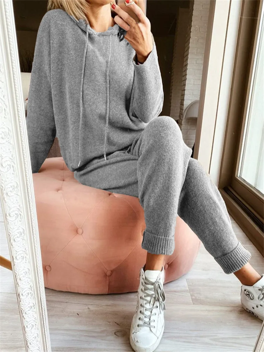 Casual Simple Loose Hooded Top Pants Knitted Suit