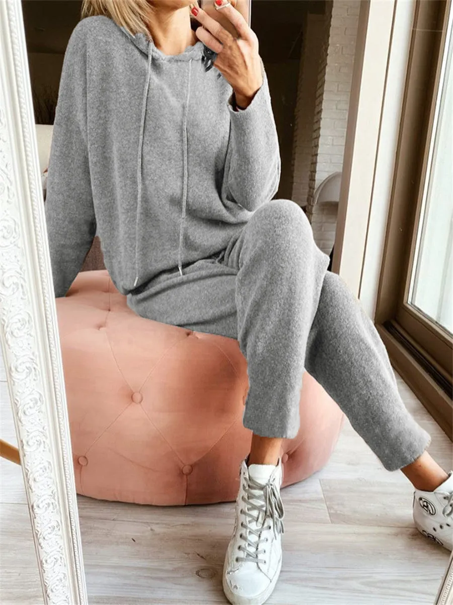 Casual Simple Loose Hooded Top Pants Knitted Suit