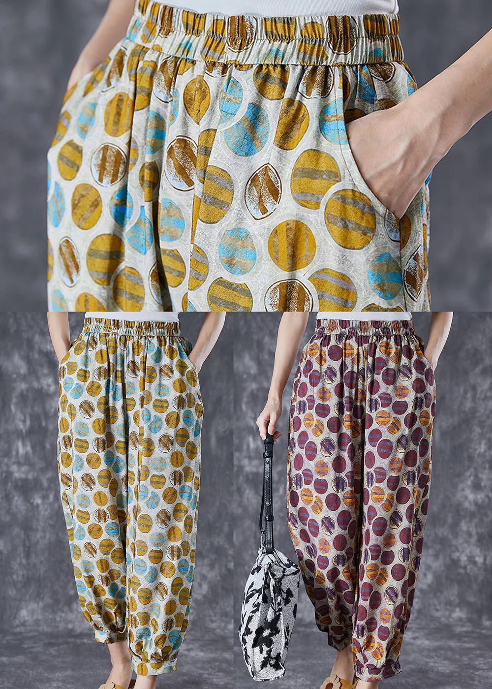 Chic Yellow Oversized Print Pockets Linen Silk Pants Summer LY7071