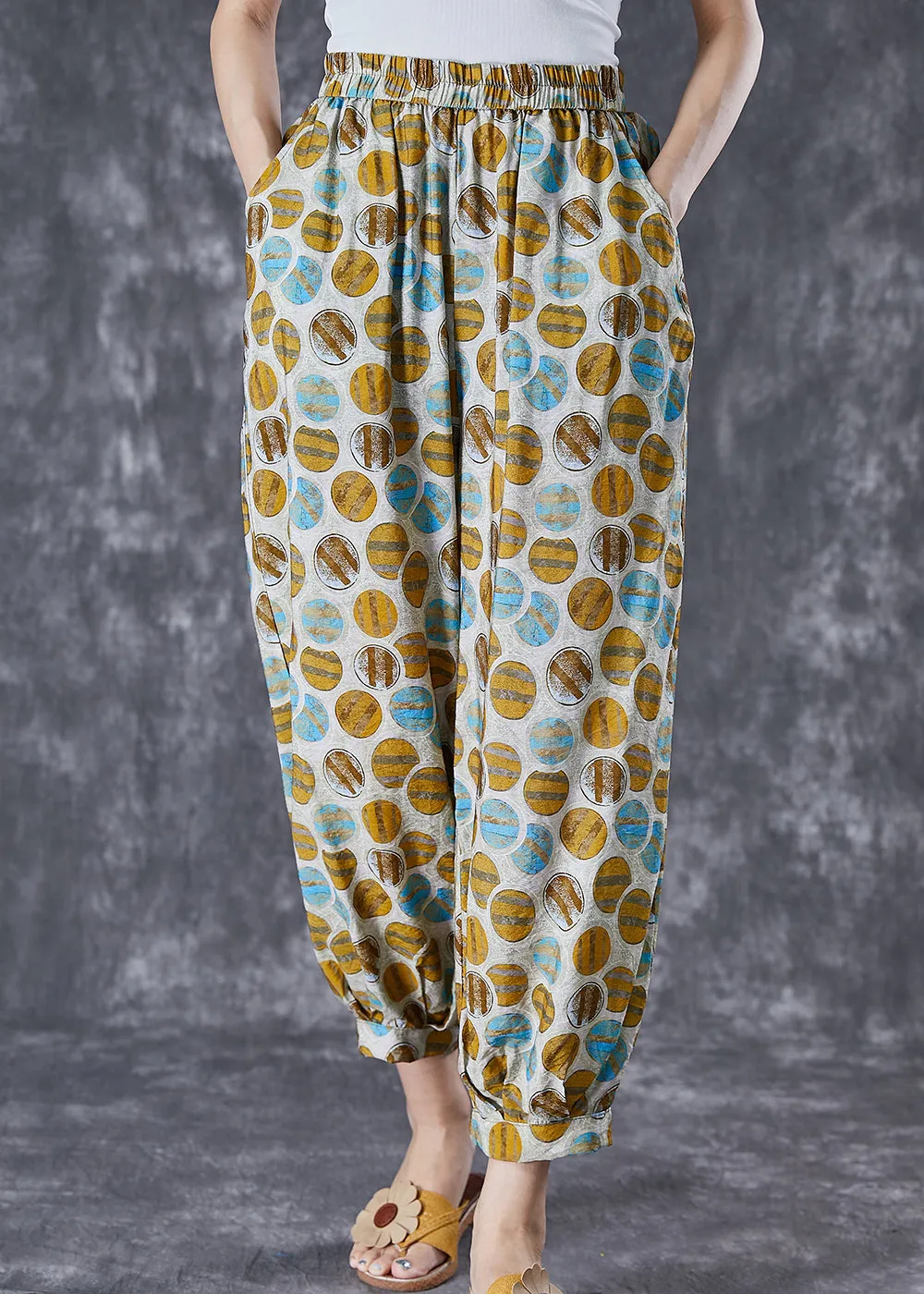 Chic Yellow Oversized Print Pockets Linen Silk Pants Summer LY7071