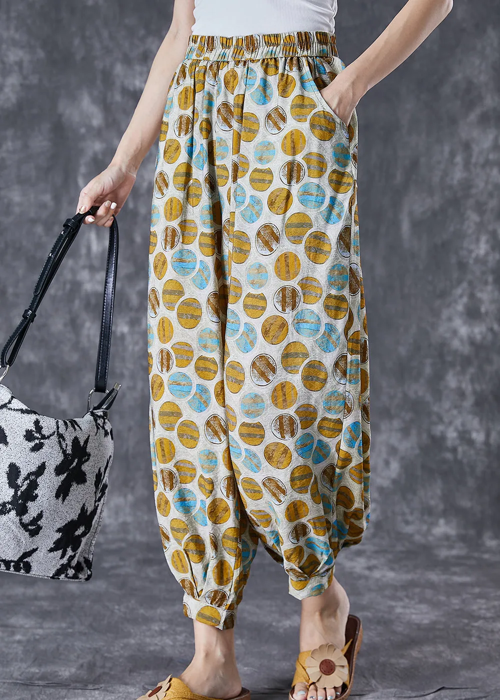 Chic Yellow Oversized Print Pockets Linen Silk Pants Summer LY7071