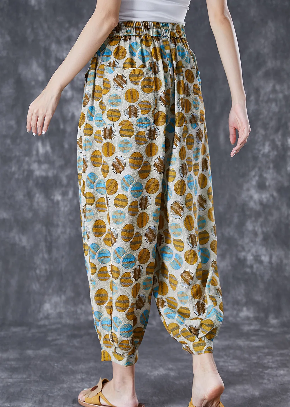 Chic Yellow Oversized Print Pockets Linen Silk Pants Summer LY7071