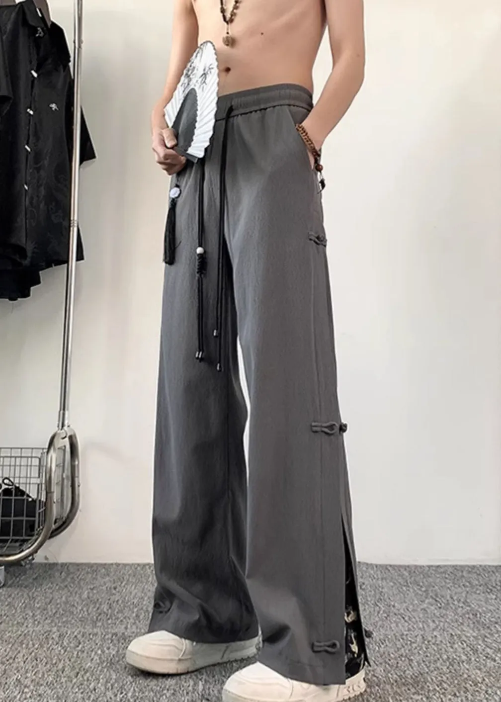 Chinese Style Dark Grey Fake Two Thin Ice Silk Men Pants Summer YT055