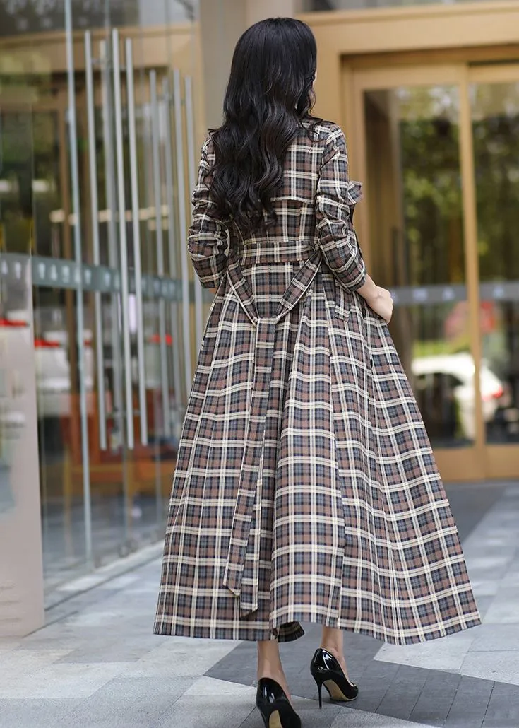 Classic Plaid Pattern Double Breasted Maxi Trench Coat