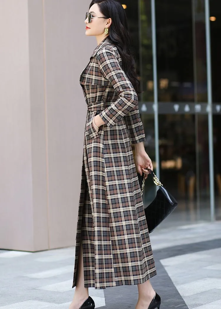 Classic Plaid Pattern Double Breasted Maxi Trench Coat