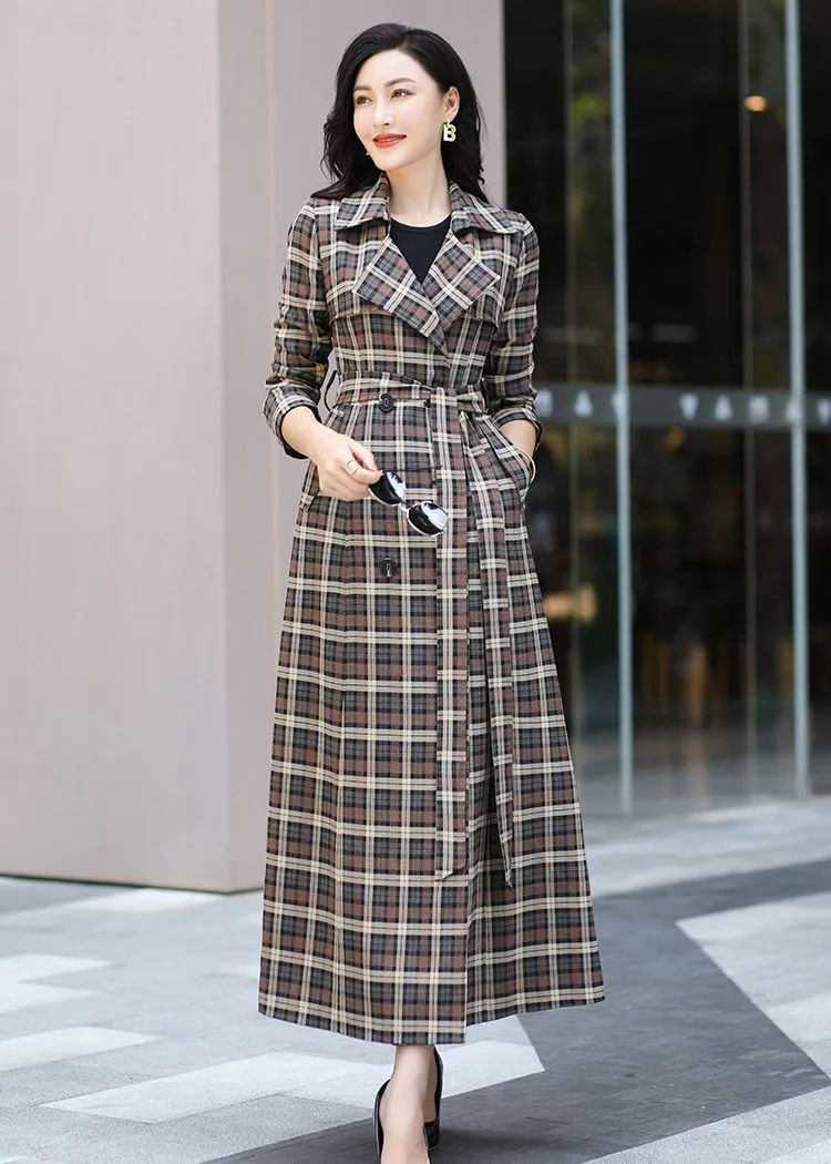 Classic Plaid Pattern Double Breasted Maxi Trench Coat