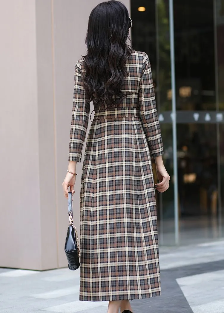 Classic Plaid Pattern Double Breasted Maxi Trench Coat