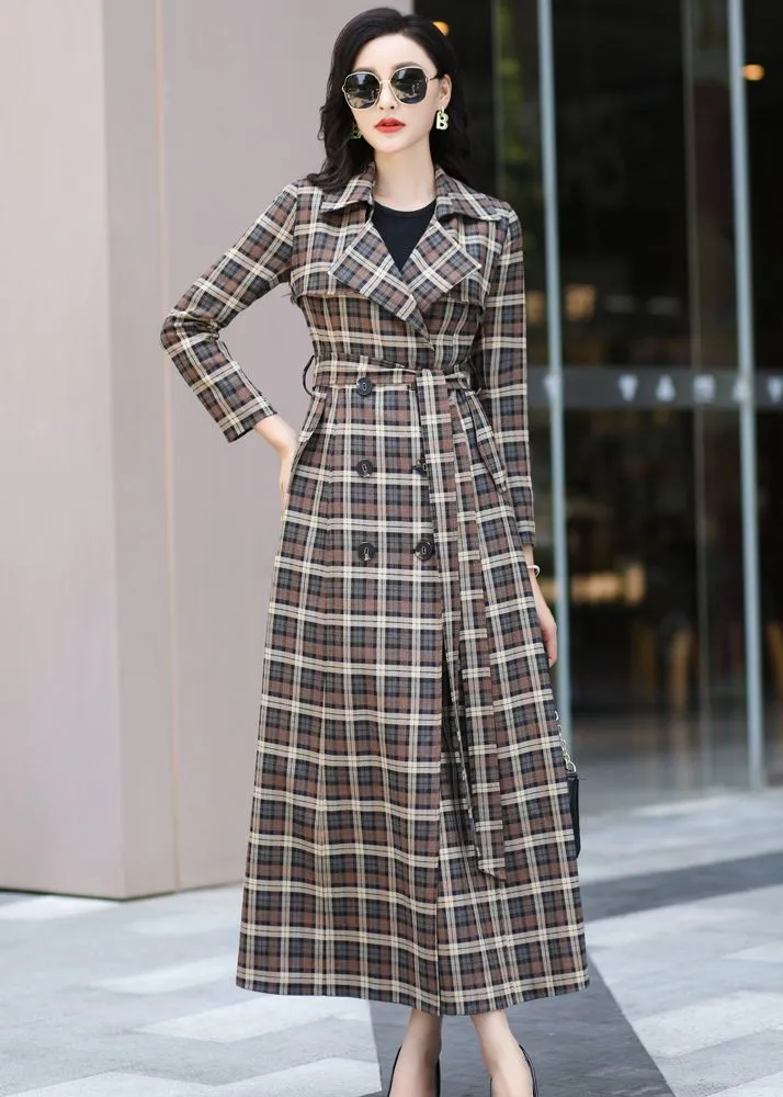 Classic Plaid Pattern Double Breasted Maxi Trench Coat