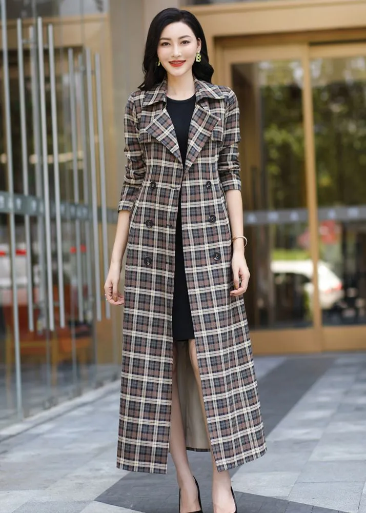 Classic Plaid Pattern Double Breasted Maxi Trench Coat