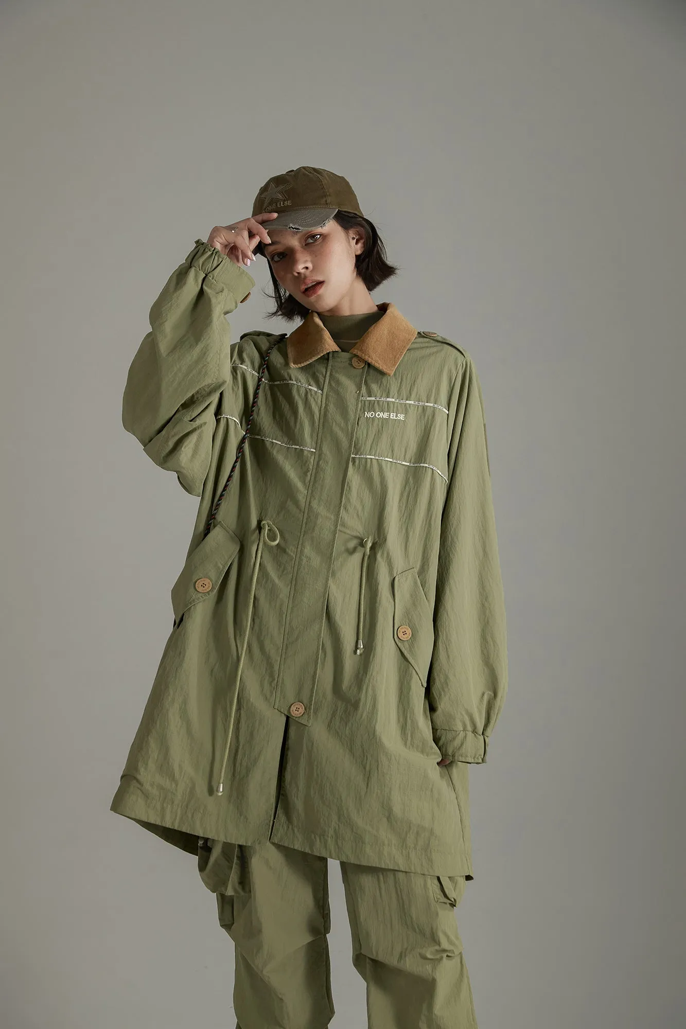 Color Collar String Long Windbreaker Jacket