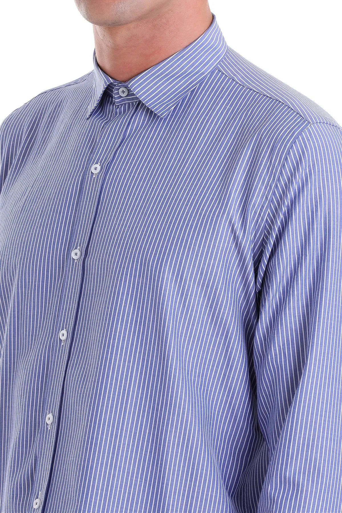 Comfort Fit Striped Cotton Blend Navy Dress Shirt