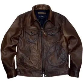 Cowhide Leather Jacket for Men - Classic Cowboy Motorcycle Coat