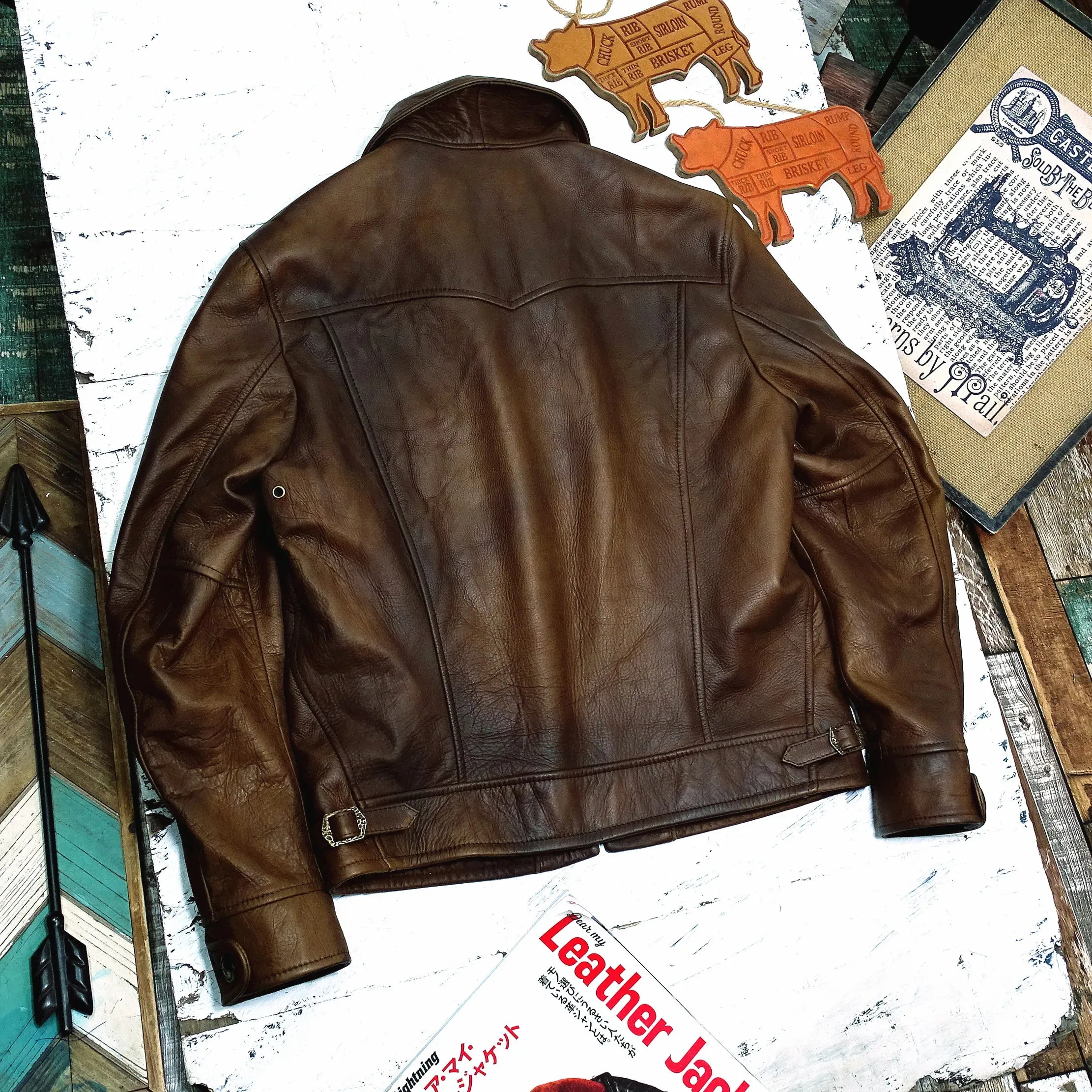 Cowhide Leather Jacket for Men - Classic Cowboy Motorcycle Coat