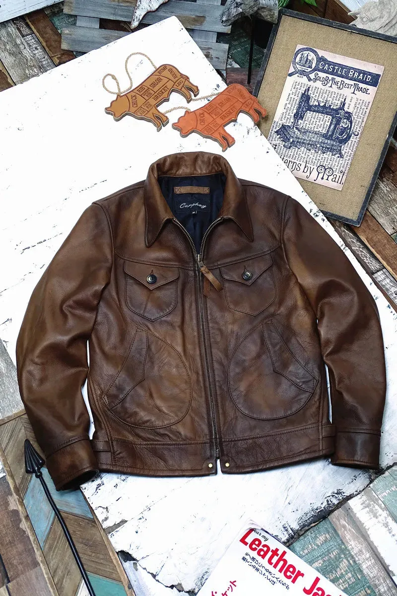 Cowhide Leather Jacket for Men - Classic Cowboy Motorcycle Coat