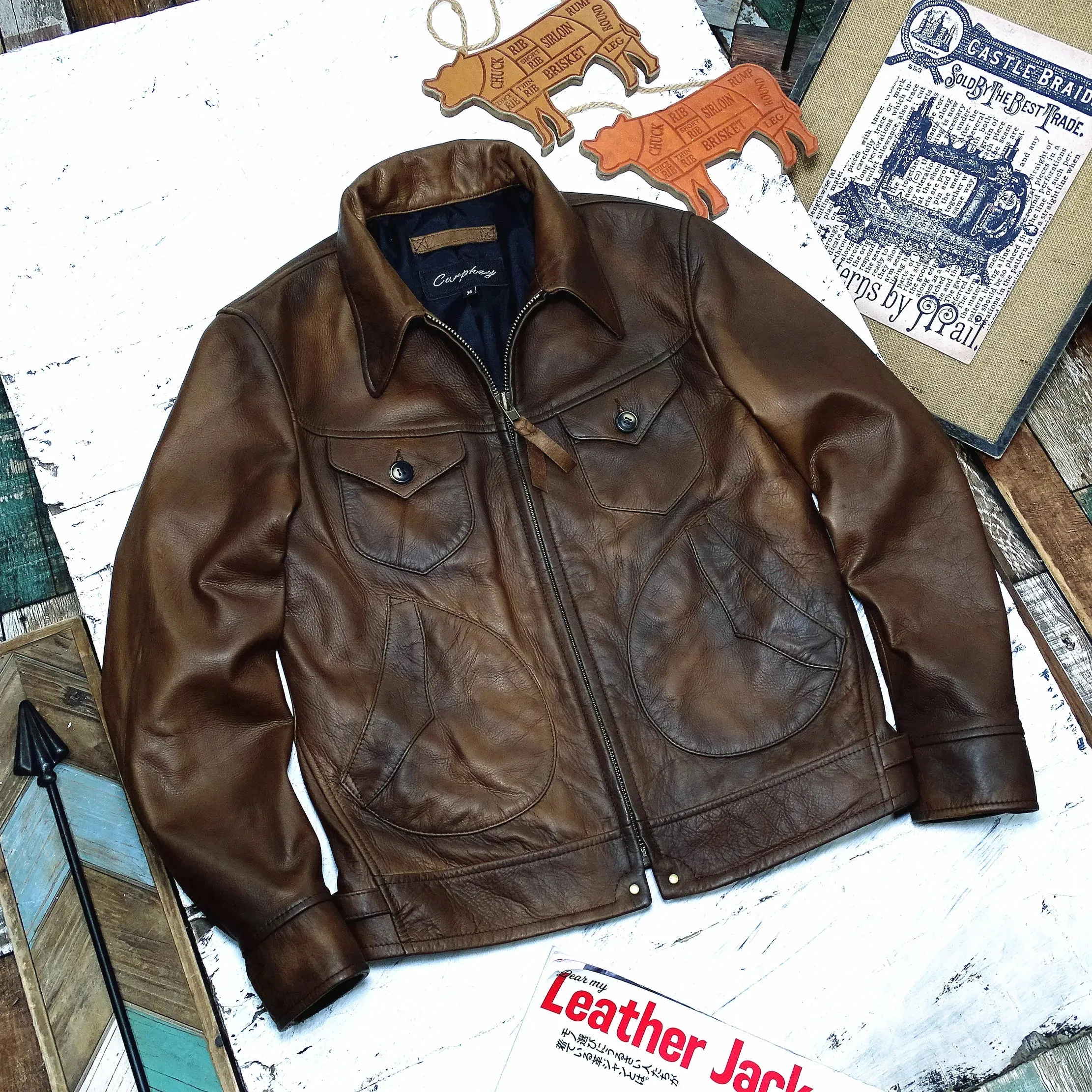 Cowhide Leather Jacket for Men - Classic Cowboy Motorcycle Coat