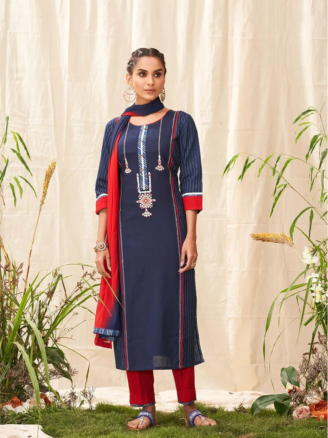 Dark Blue & Red Simple Cotton Salwar Suit With Dupatta