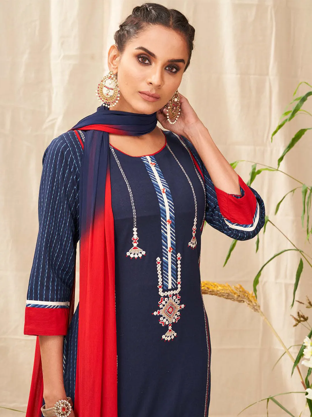 Dark Blue & Red Simple Cotton Salwar Suit With Dupatta