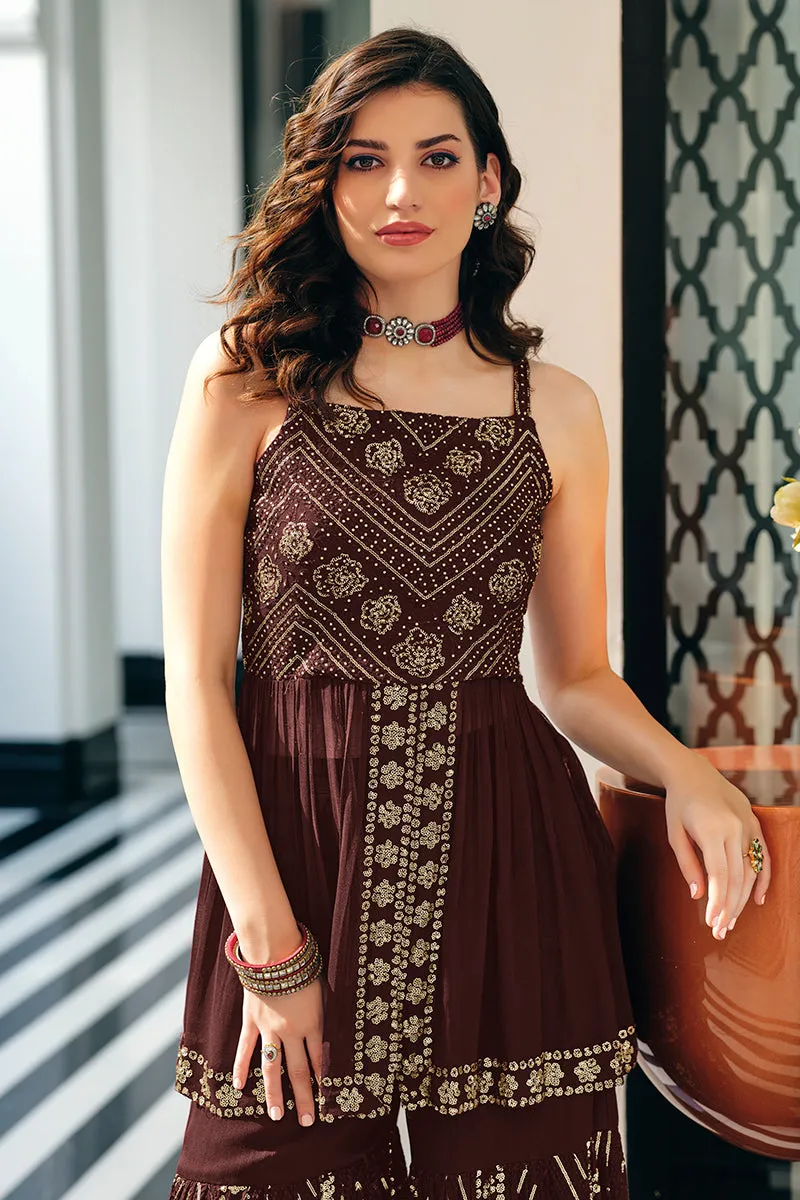 Dark Brown Spaghetti Straps Peplum Sharara Suit