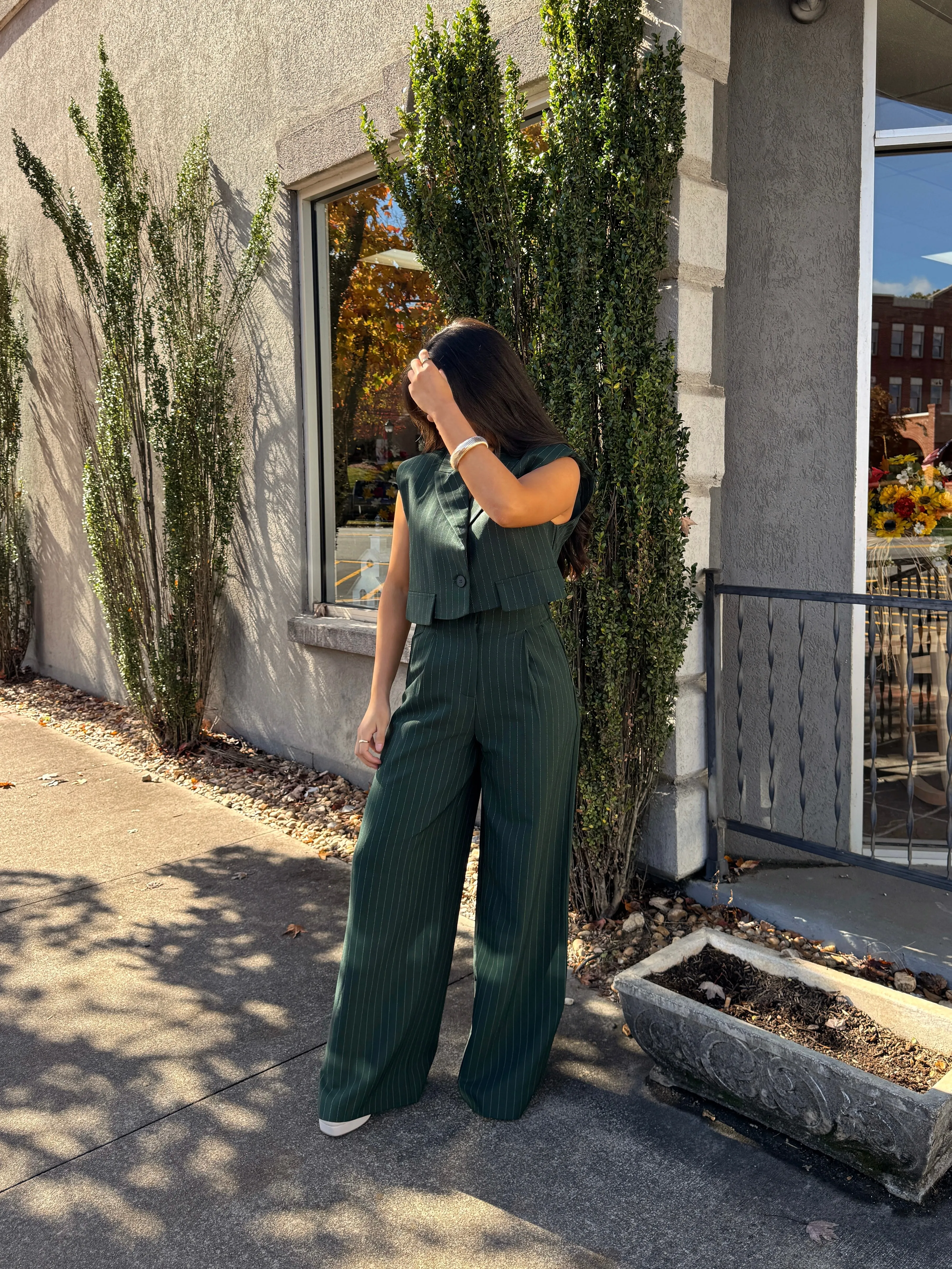 Dark Green Pinstripe Suit Set