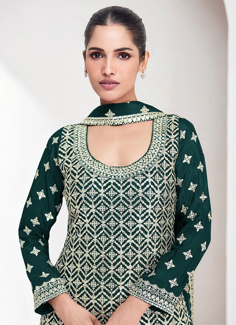 Dark Green Reshamkari Embroidery Palazzo Suit